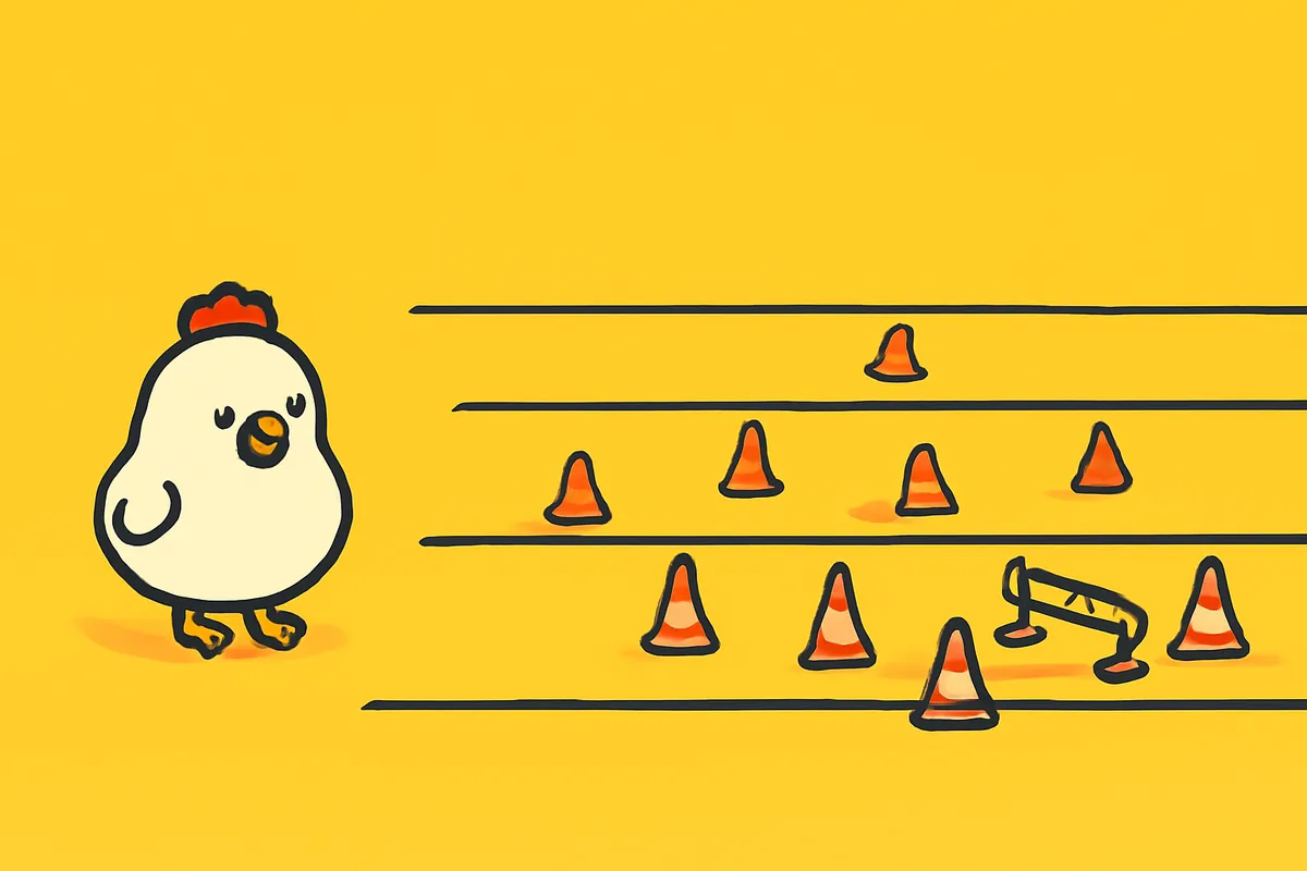 Illustration: Vier Fahrspuren mit zunehmend vielen Hindernissen und das Huhn am Start