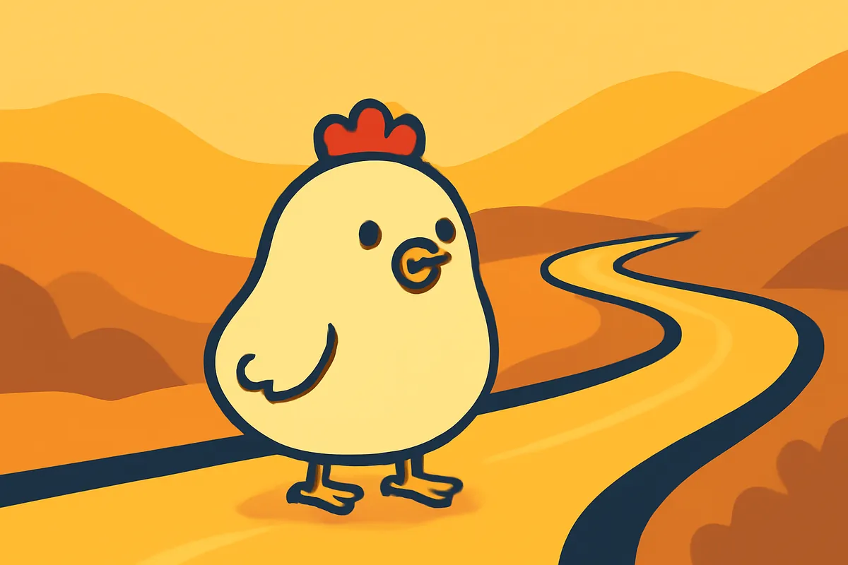 Illustration: Das Chicken-Road-Huhn unterwegs auf einer Landstraße